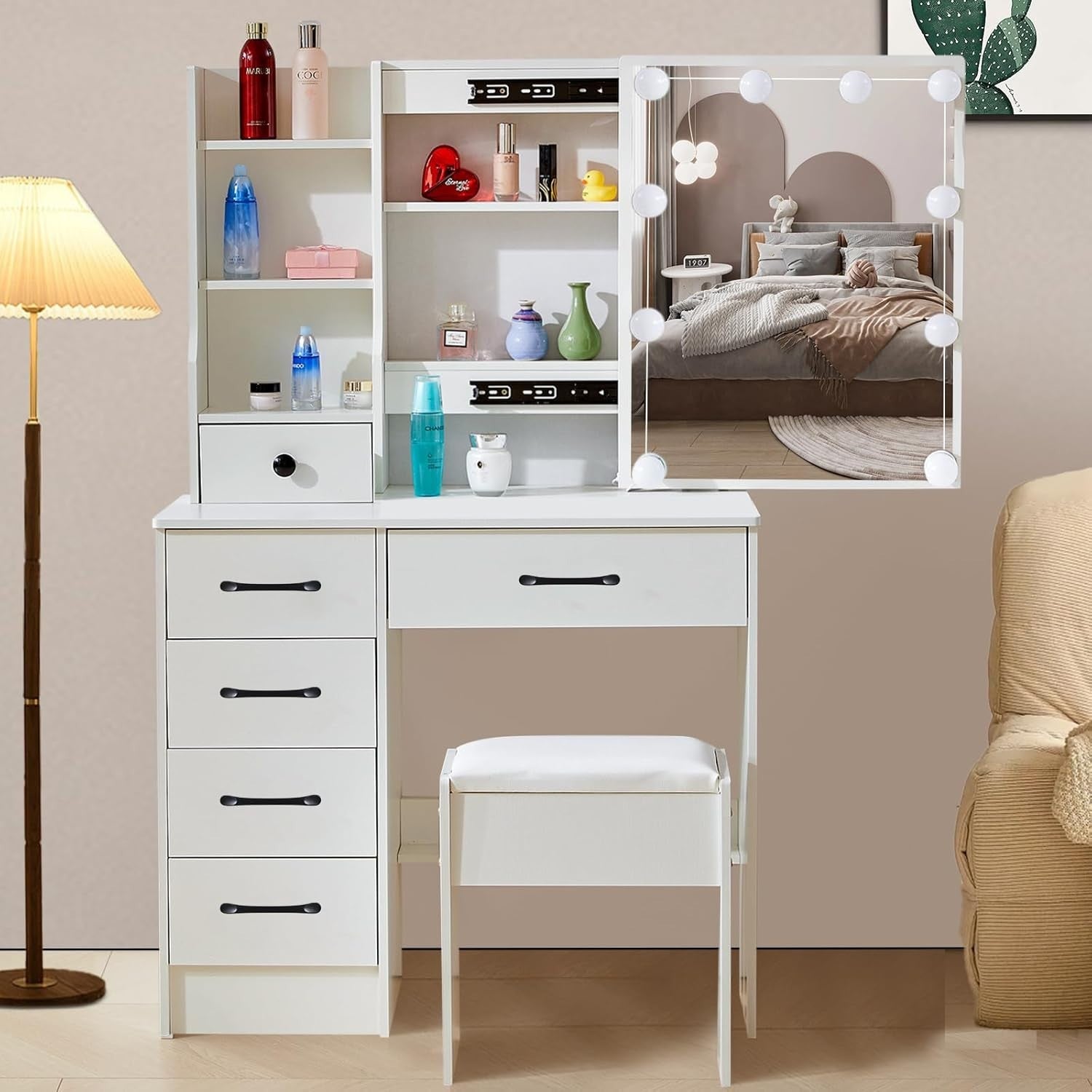 White Modern Vanity Makeup Desk Set LED Mirror Dressing Table 6 Drawers Storage