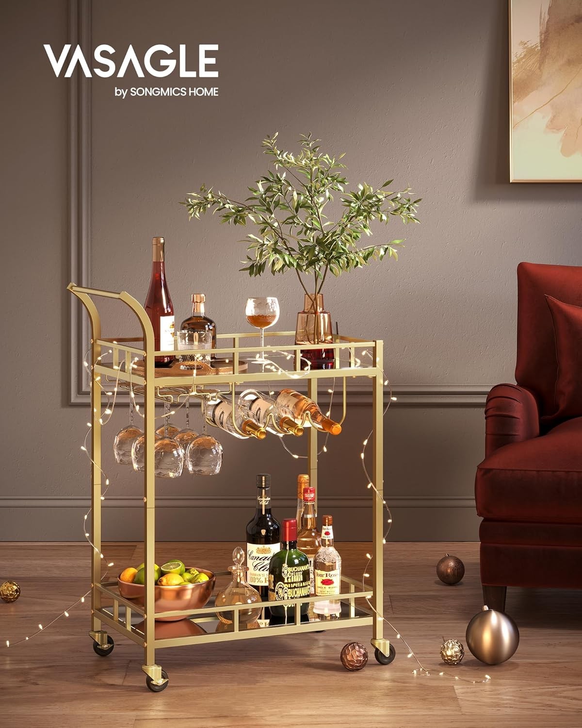 Gold Drinks Trolley Bar Cart on Wheels with Wine Glass Holders & Shelves
