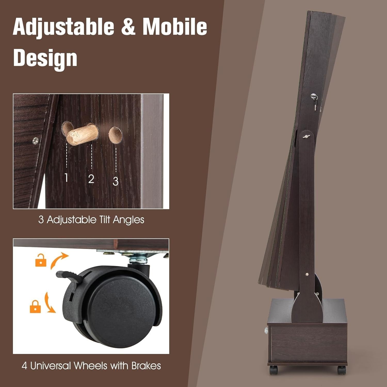 Brown LED Jewellery Cabinet Lockable Full Length Mirror Mobile Storage