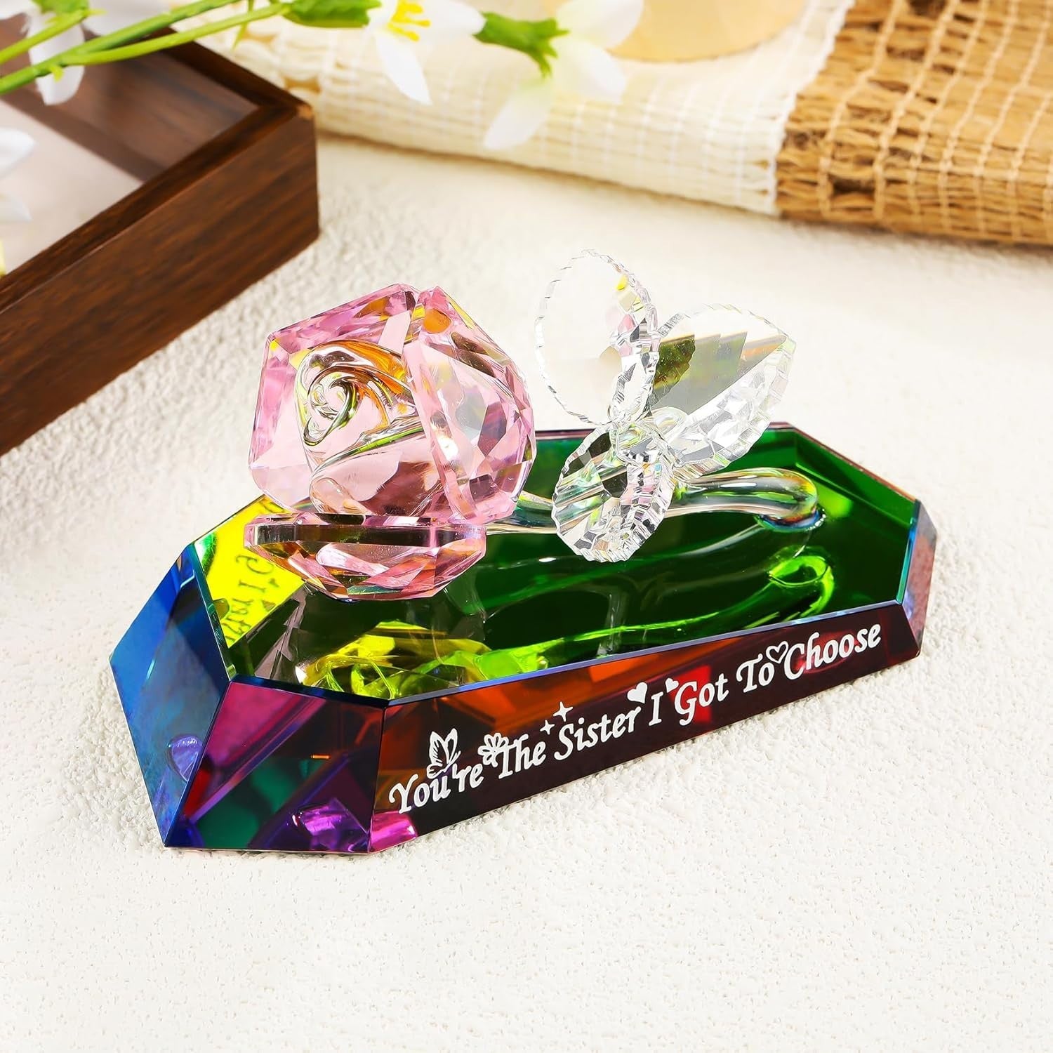 Crystal Rose Ornament Gift for Sister – Decorative Multicolour Glass Flower