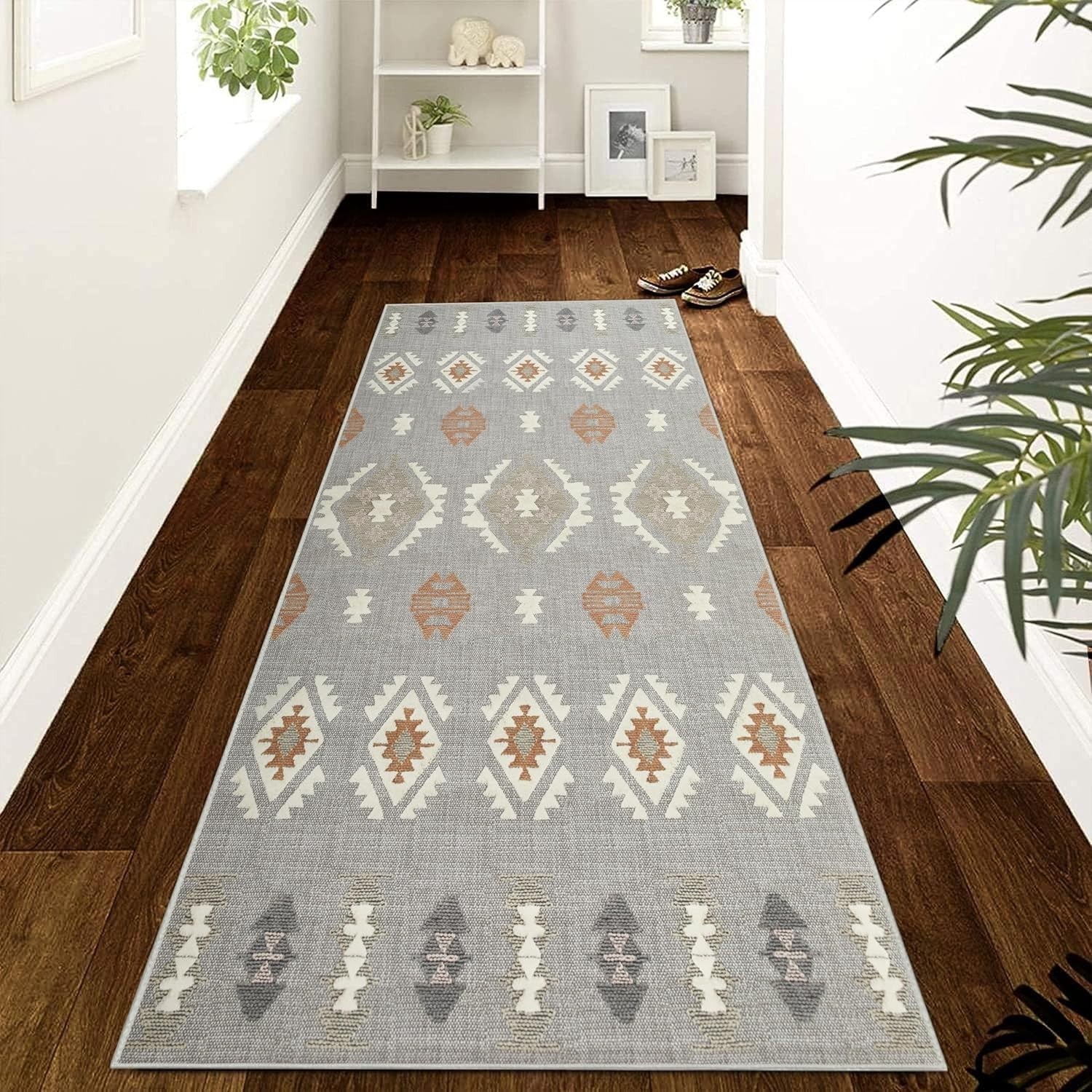 Grey Runner Rug 80x300cm Non Slip Hallway Carpet Low Pile Geometric