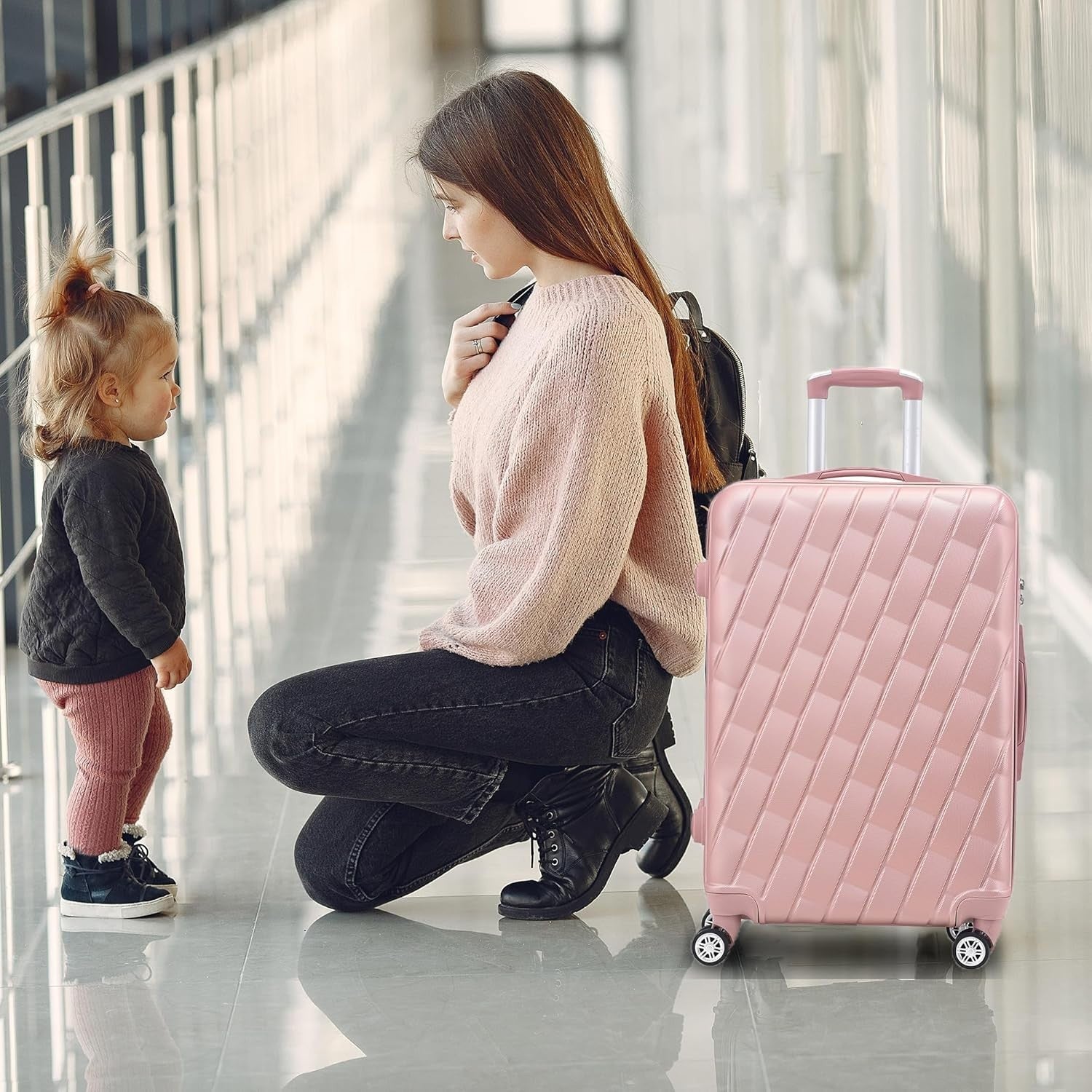 20 Inch Cabin Carry On Hard Shell Suitcase 4 Spinner Wheels Lock Rose Gold