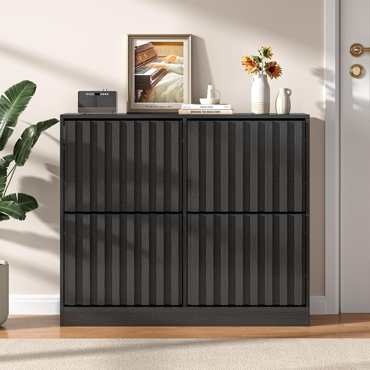 Black Wide Shoe Cabinet 4 Flip Drawers Ventilated Storage Holds 20 Pairs