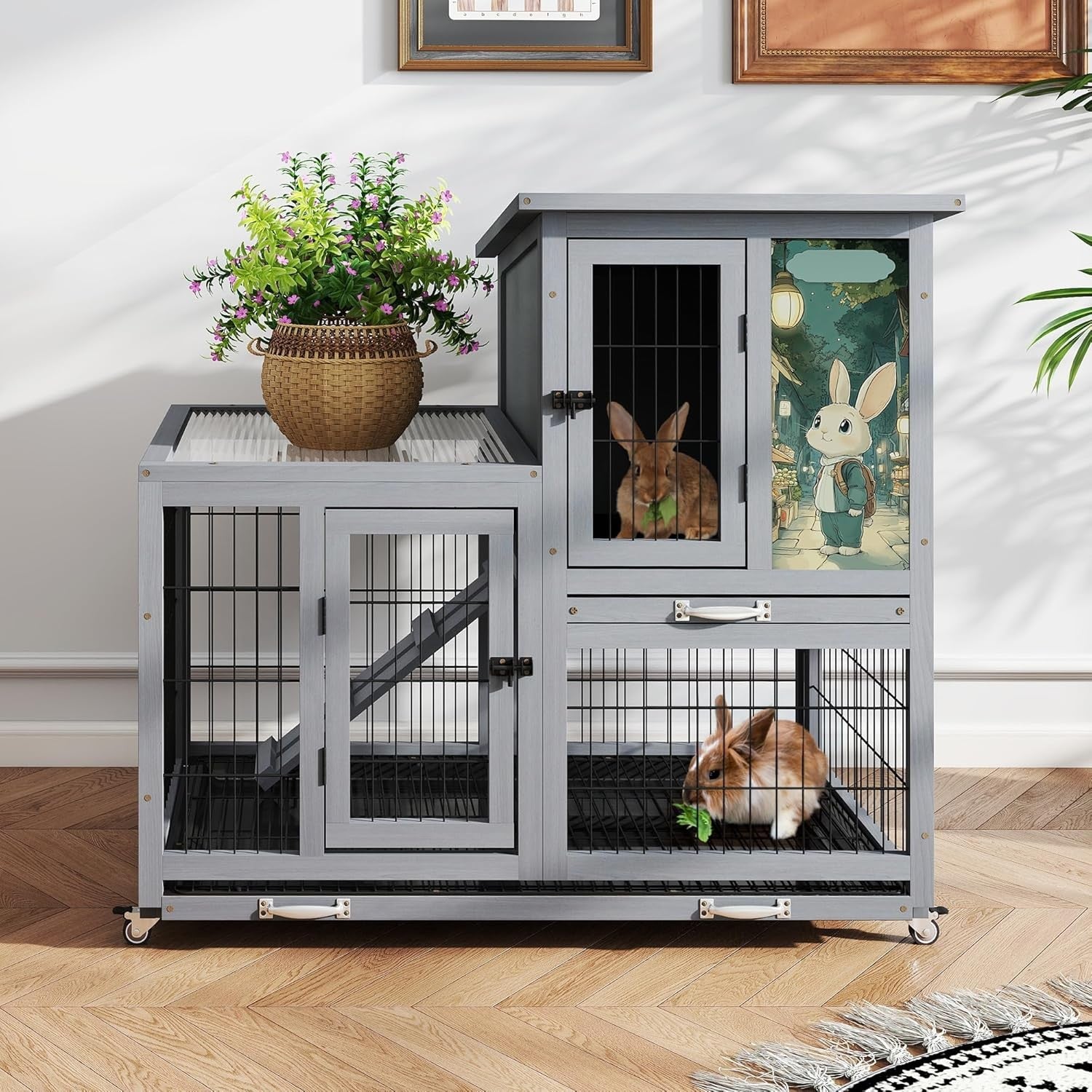 Large 2 Tier Rabbit Hutch with Run Wheels Removable Trays Ramp