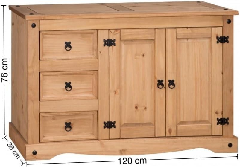 Rustic Solid Pine Sideboard Storage Cabinet 2 Door 3 Drawer Low Sideboard