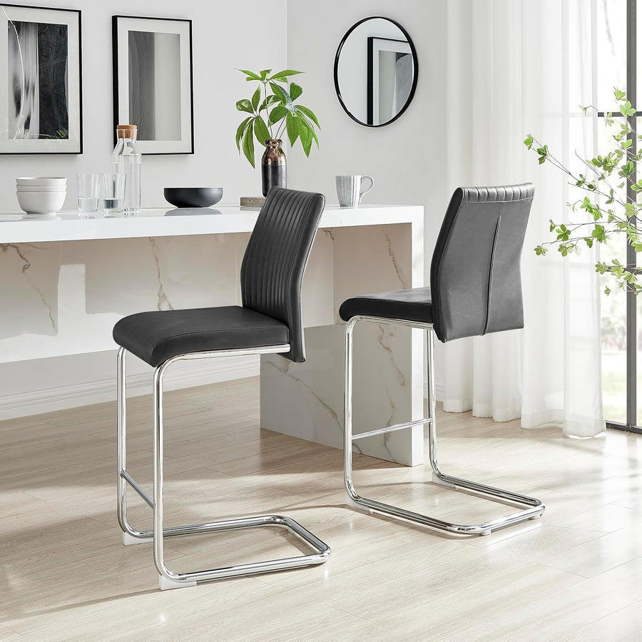 Modern Grey Bar Stools Set of 2 – Faux Leather Cantilever Chairs