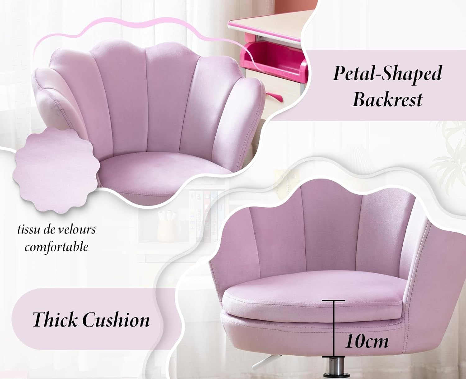 Kids Swivel Desk Chair Height Adjustable Velvet Upholstered Study Seat Purple
