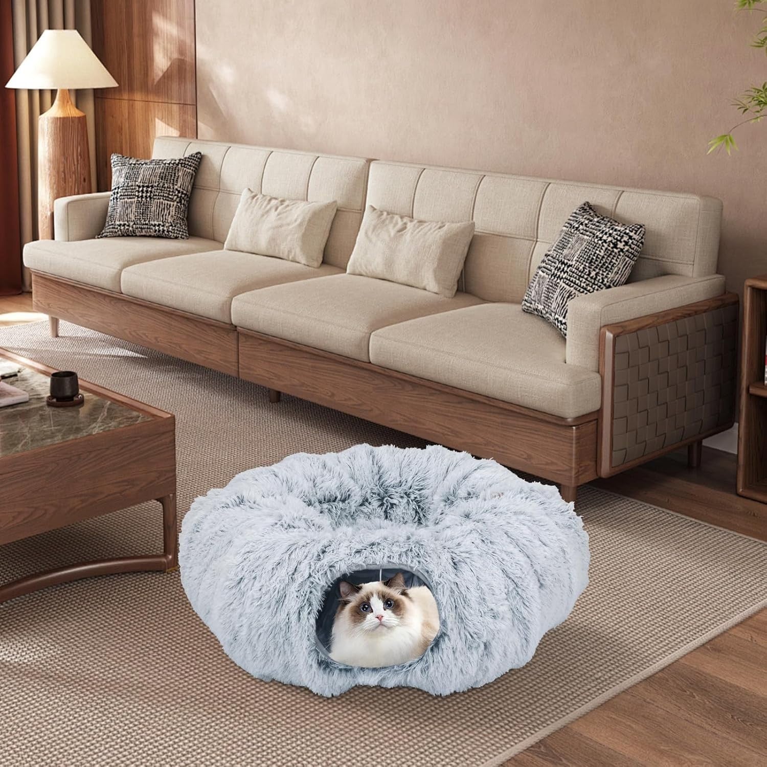 Cat Tunnel Bed Fluffy Cat Cave Toy w Cushion Large Indoor Pet Tunnel