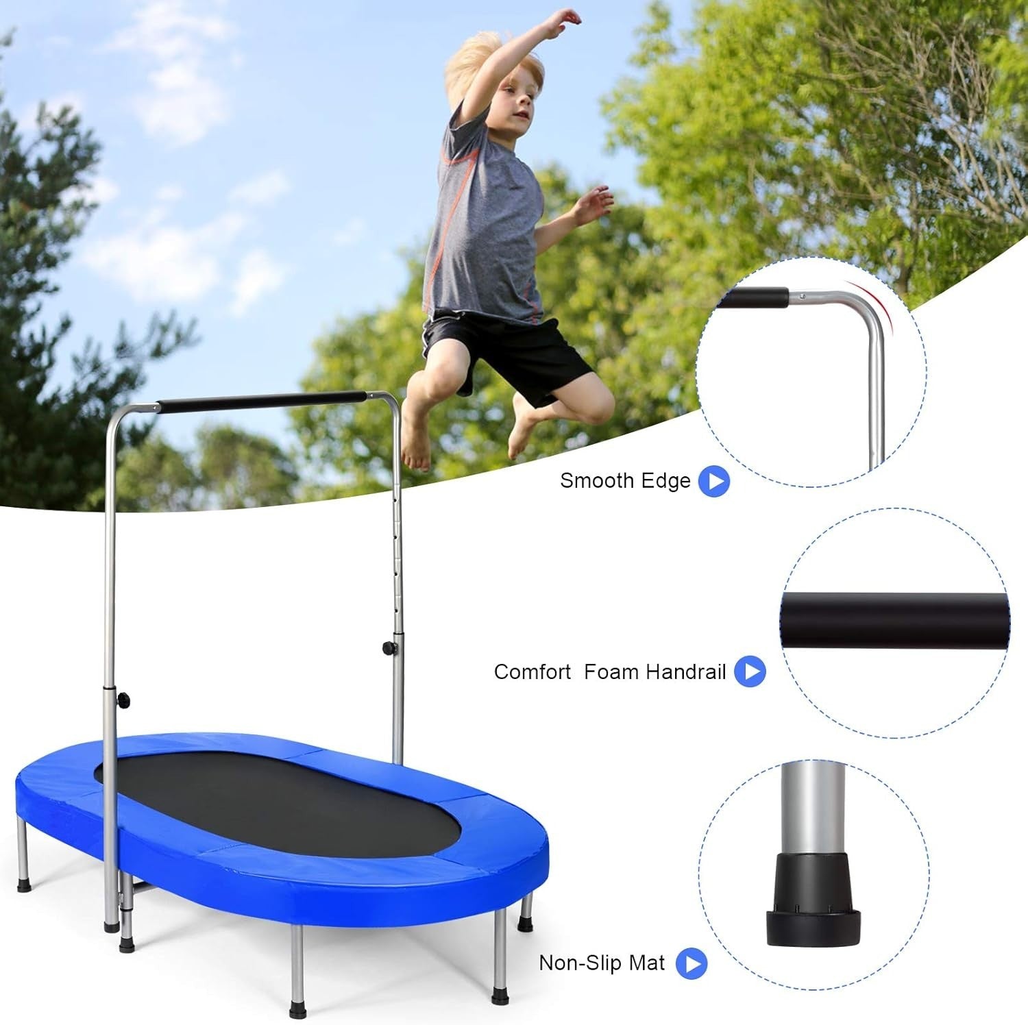 Oval Foldable Trampoline for Two Adjustable Handle Indoor Fitness 150KG