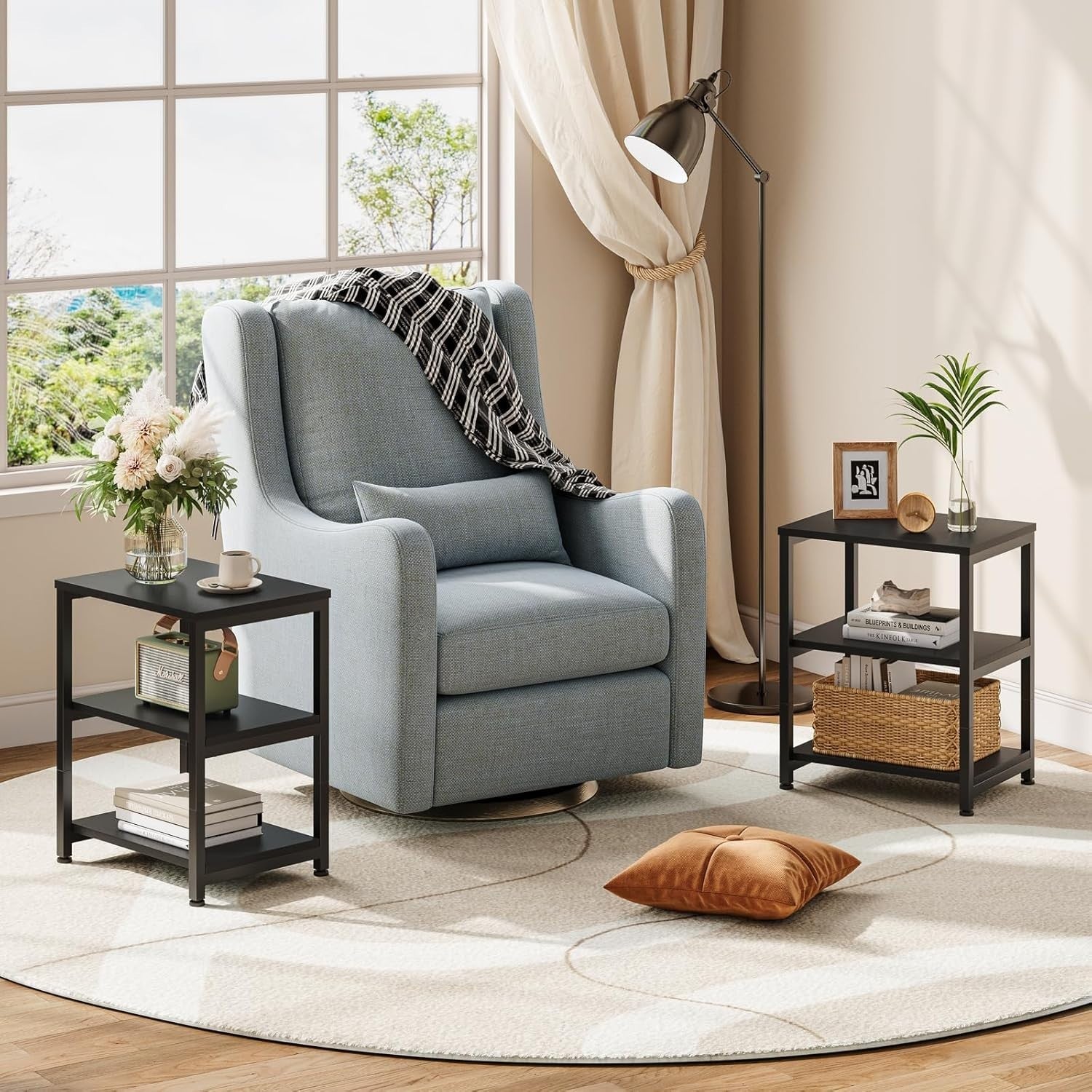 Slim 3-Tier Black Side Table – Narrow Bedside or Sofa Storage for Small Spaces