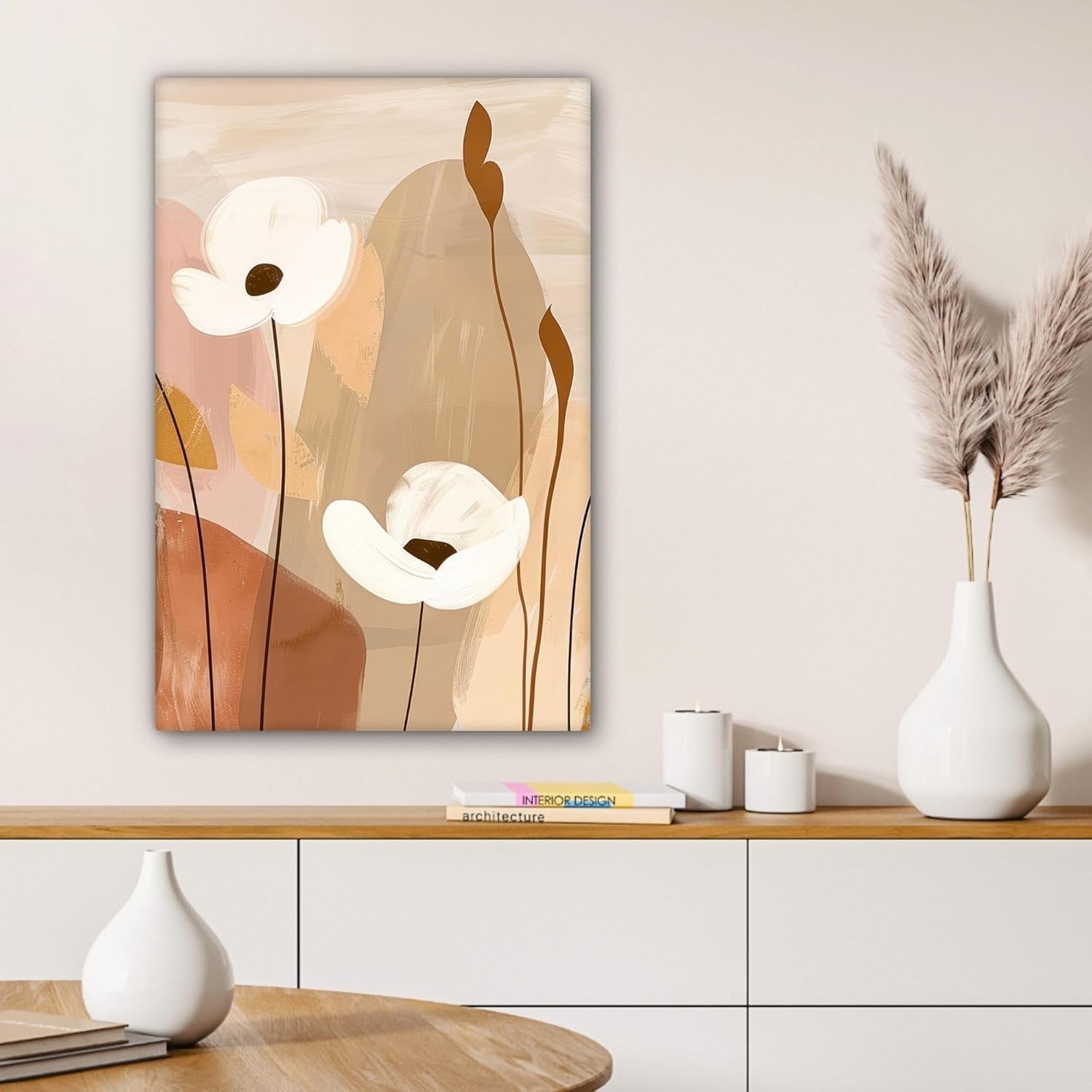 Abstract Floral Canvas Wall Art 40x60cm Framed Modern Beige
