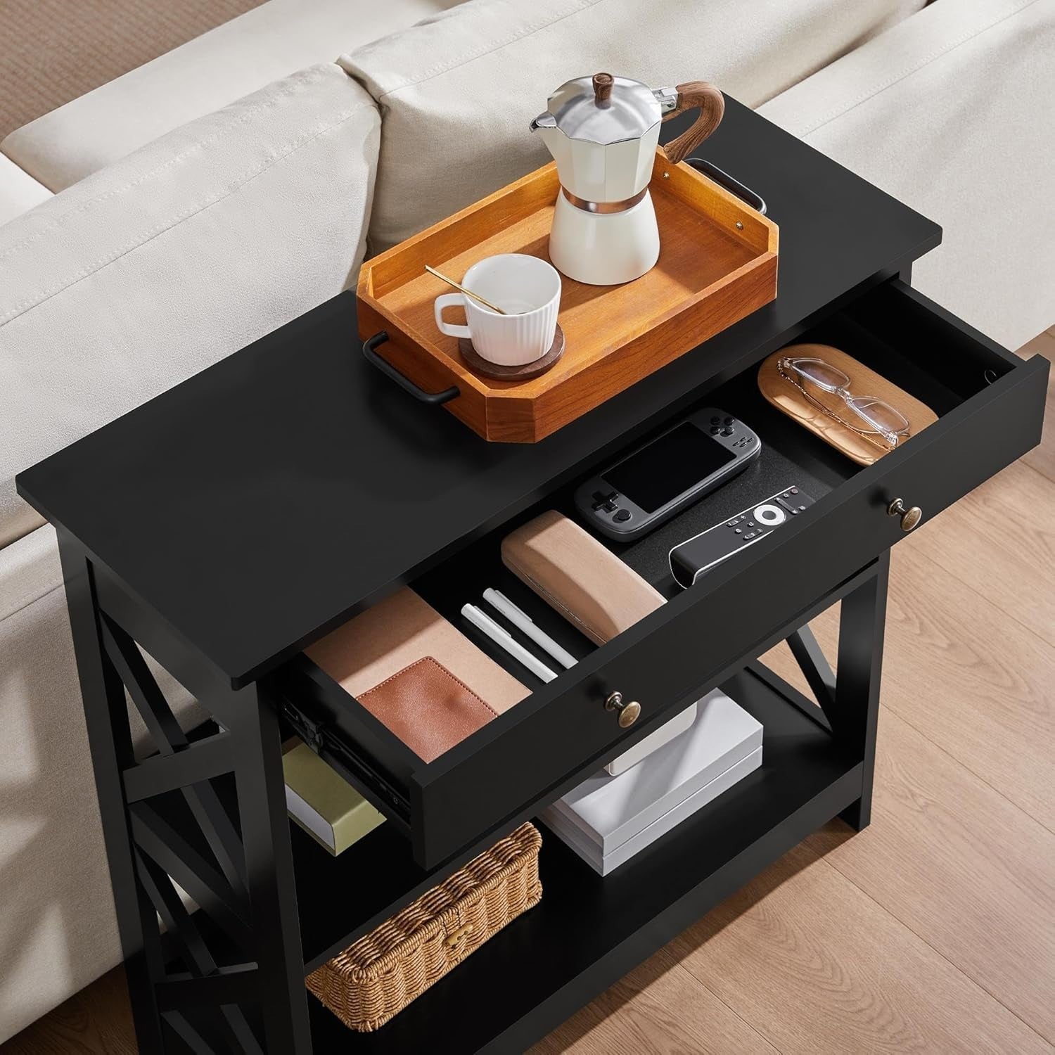 Compact Console Table with Drawer & 2 Shelves, Black, 80x30x80cm, Slim