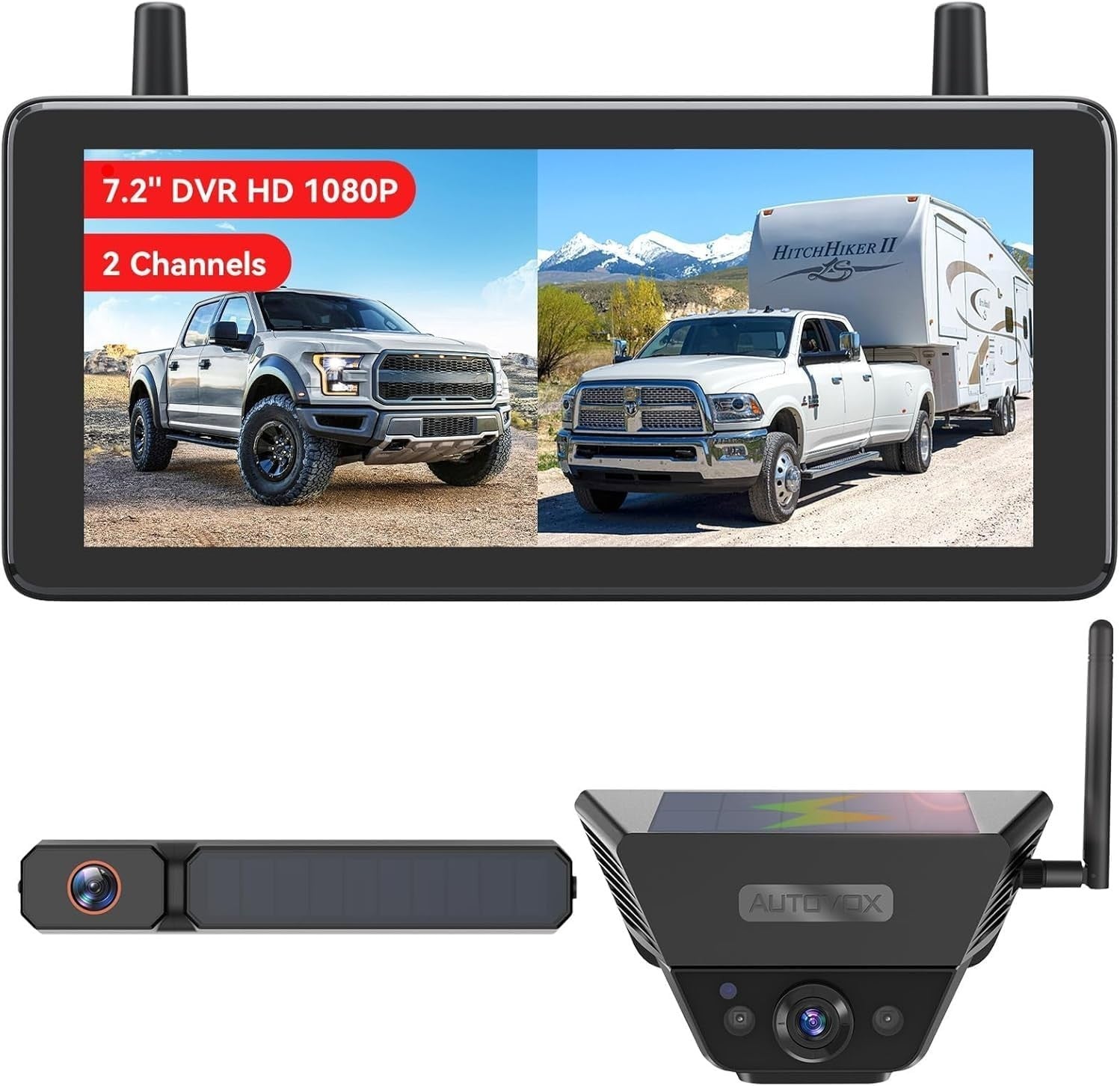 Solar Wireless Reversing Camera System 1080P HD Dual Camera 7.2" DVR