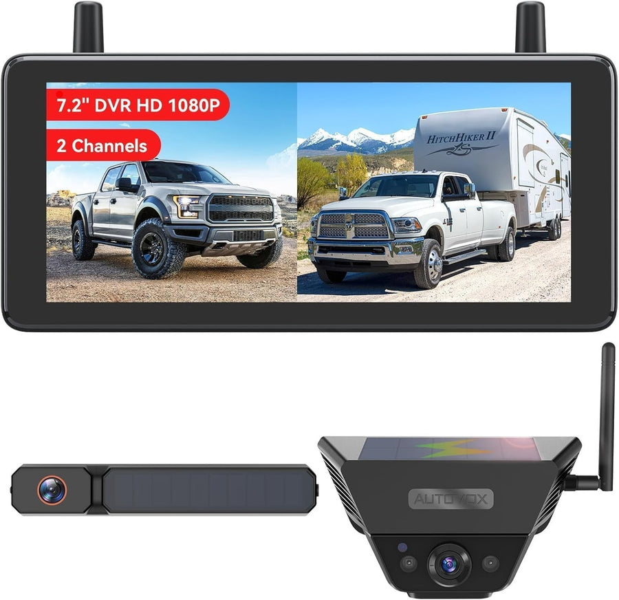 Solar Wireless Reversing Camera System 1080P HD Dual Camera 7.2" DVR