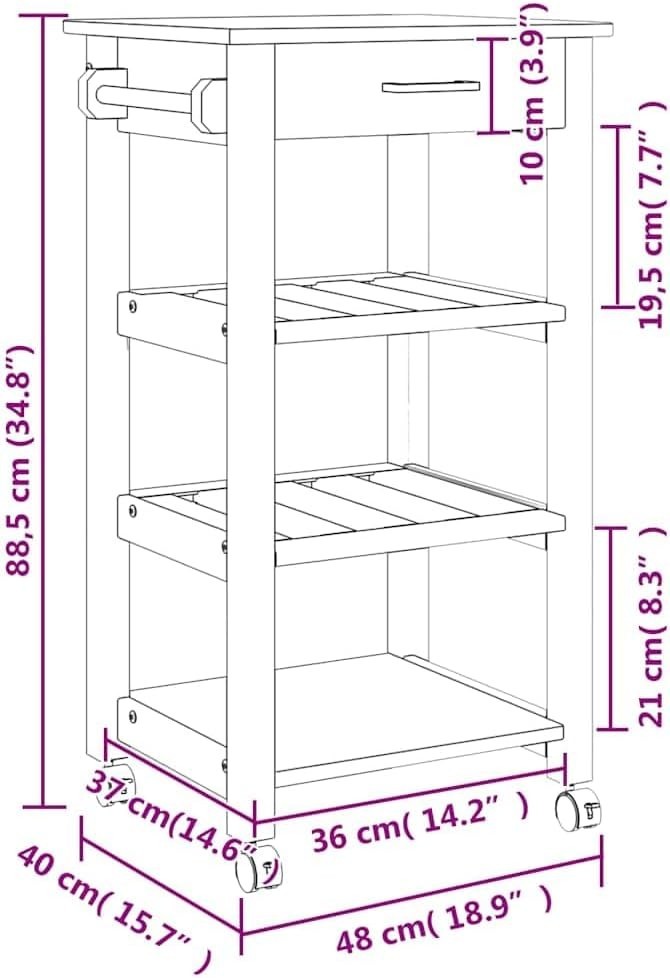 Pine Wood Kitchen Trolley Cart w Drawer Shelves Wheels