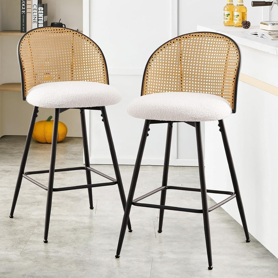 White Swivel Kitchen Counter Stools Pair Upholstered Rattan Back Island Seats