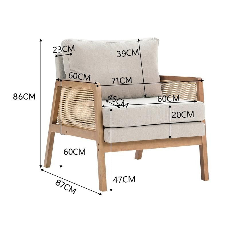 Beige Rattan Armchair with Cushions – Wooden Lounge Chair for Living Room