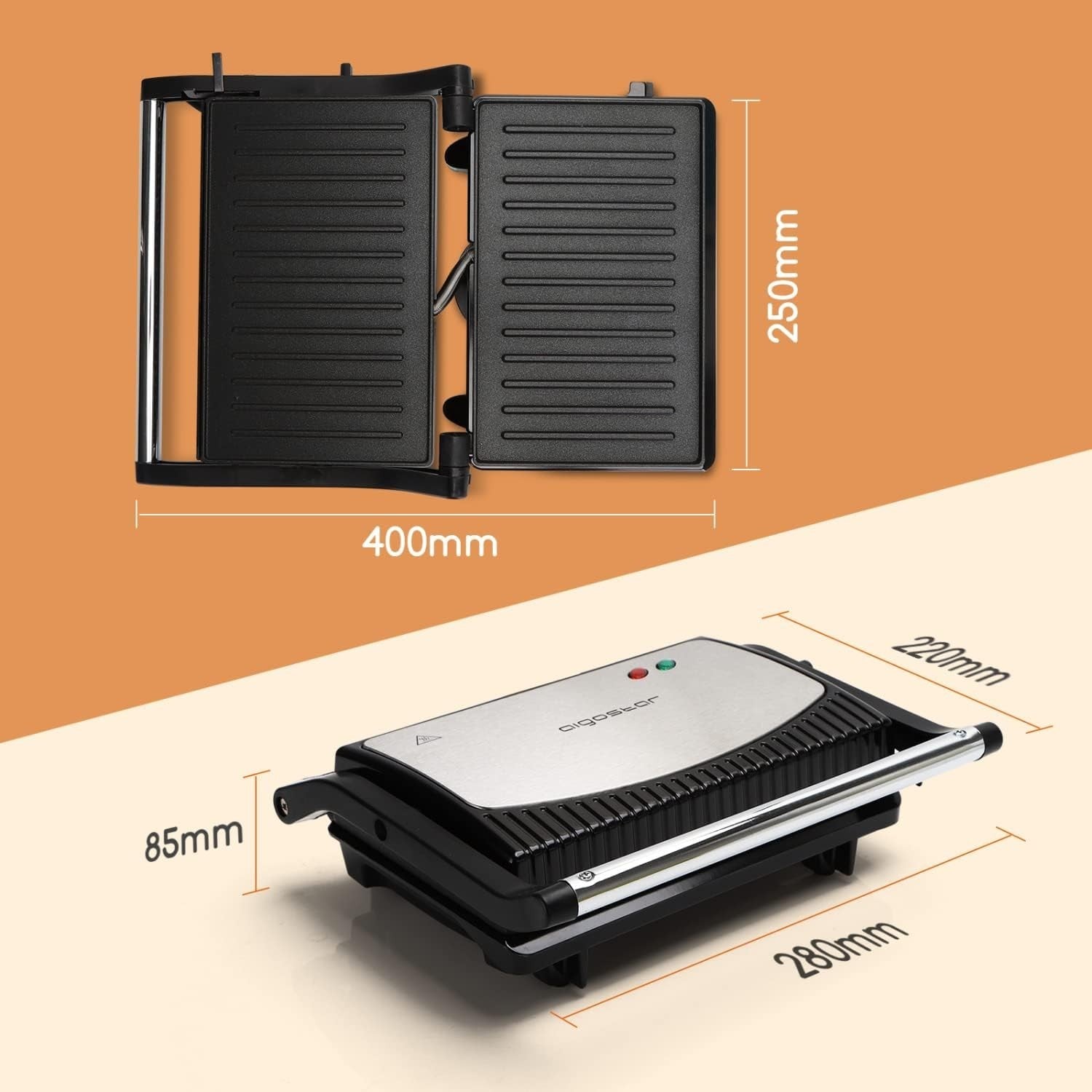 Panini Press Grill Toaster Maker Non-Stick 180° Open 800W Stainless Steel