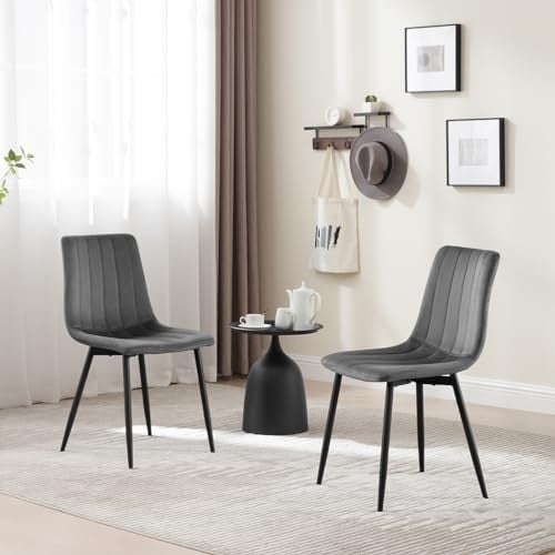 4 Velvet Dining Chairs Padded Upholstered Seat Metal Legs Modern Grey