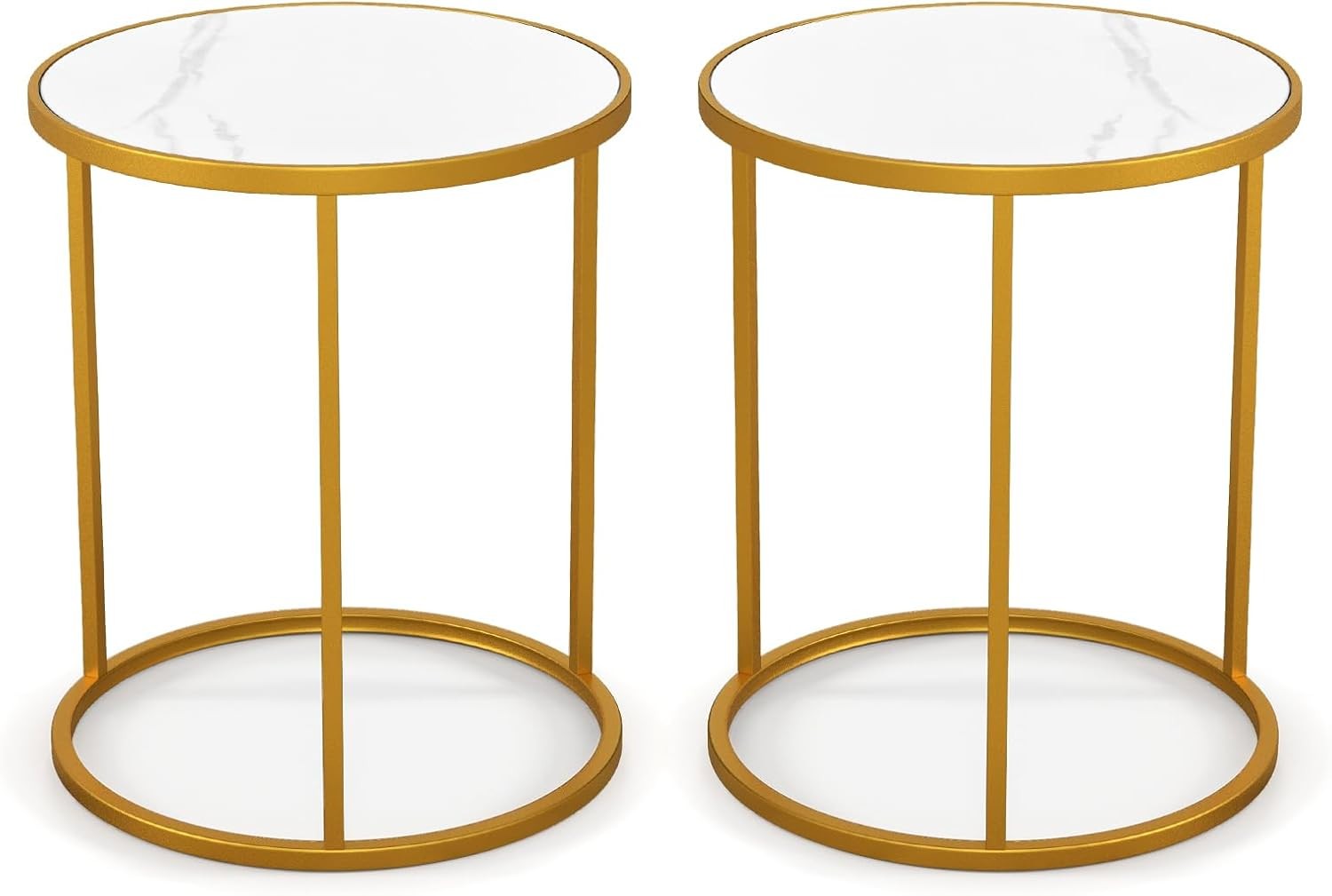 Marble Top Round Side Tables Set of 2 – Gold Metal Frame Modern End Tables