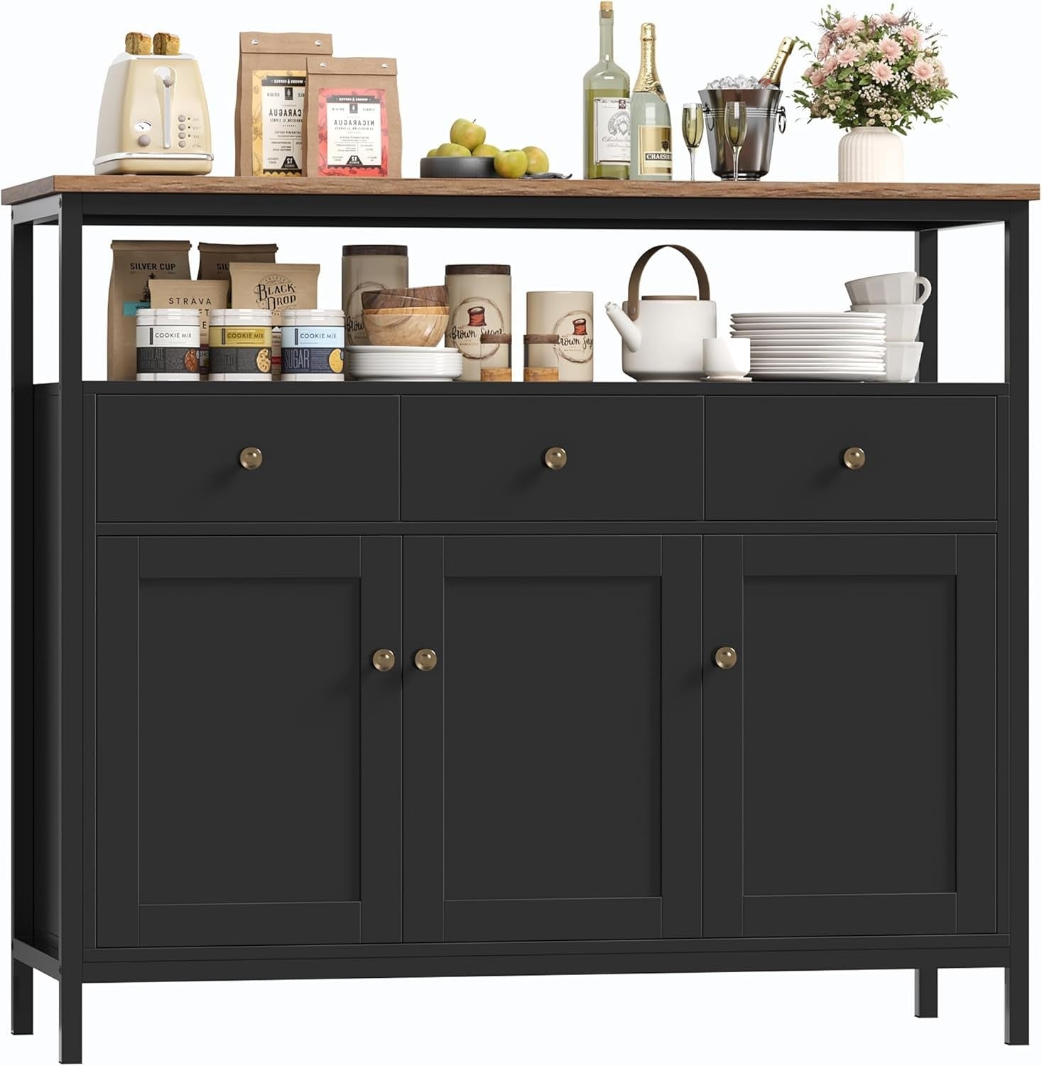 Black Sideboard Storage Cabinet 98.5cm Kitchen Cupboard Drawers Shelves