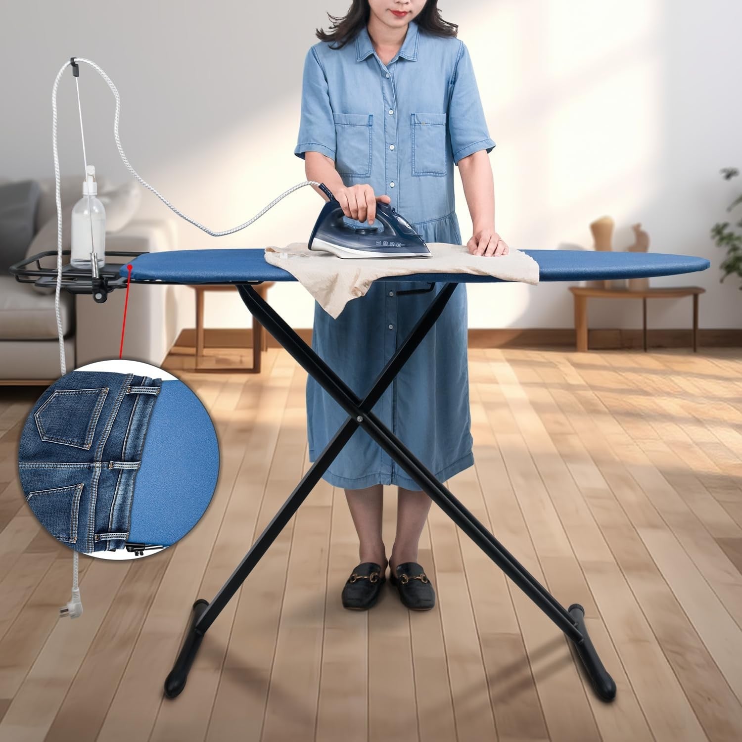 Extra Wide Ironing Board with Sleeve Board Adjustable Height Foldable Blue