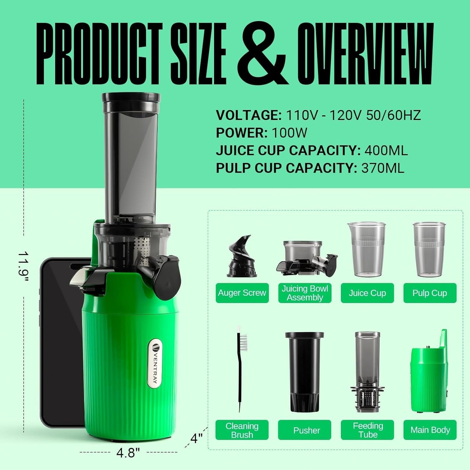 Compact Cold Press Citrus Juicer Slow Chew 60RPM Portable Green