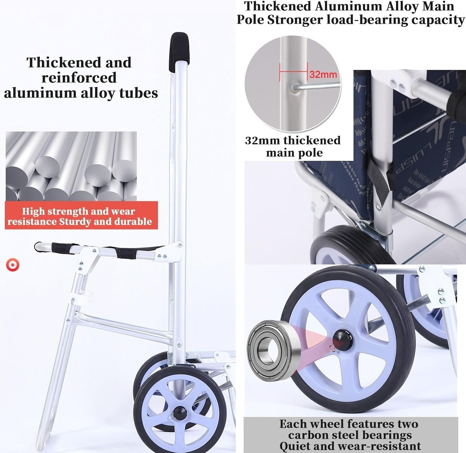Foldable Aluminum Shopping Cart w/ Seat 100kg Stair Climber Lightweight Trolley