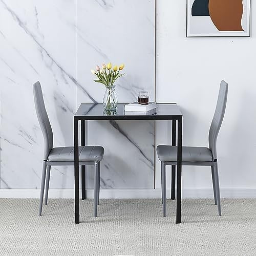 Square Glass Dining Table Set 75x75cm Grey Chairs 2 Seater Compact