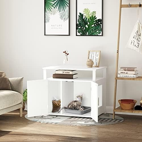 Modern Hidden Cat Litter Box Cabinet with Shelves, Large Storage & Side Table