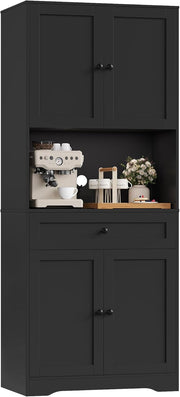 Tall Black Kitchen Cabinet Cupboard with Countertop & Adjustable Shelves