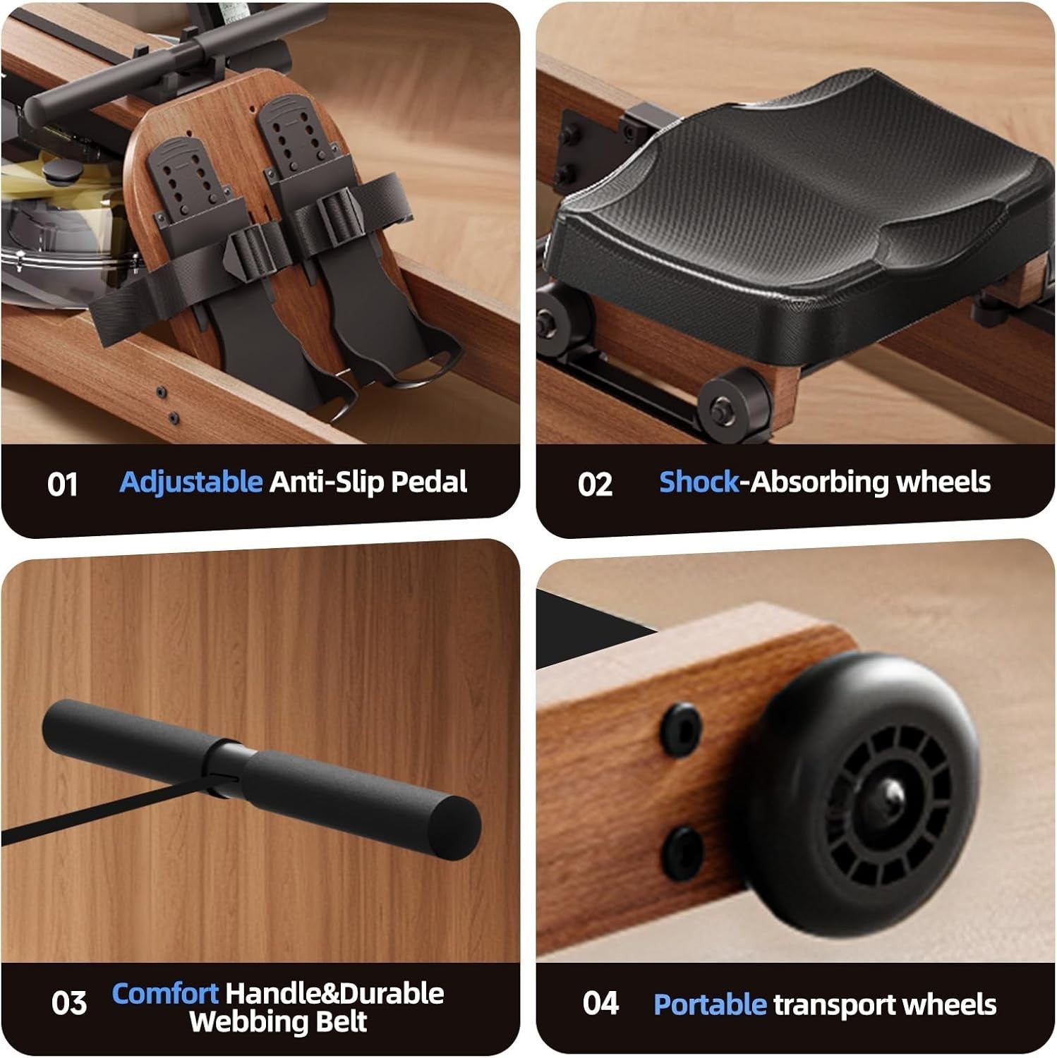 Foldable Water Rowing Machine Solid Wood Smooth Rail Adjustable Resistance Home