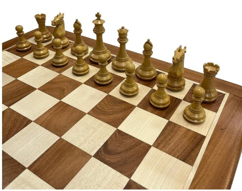 Luxury Acacia Chess Set 4" King with Velvet-Lined Storage Box & Extra Queens
