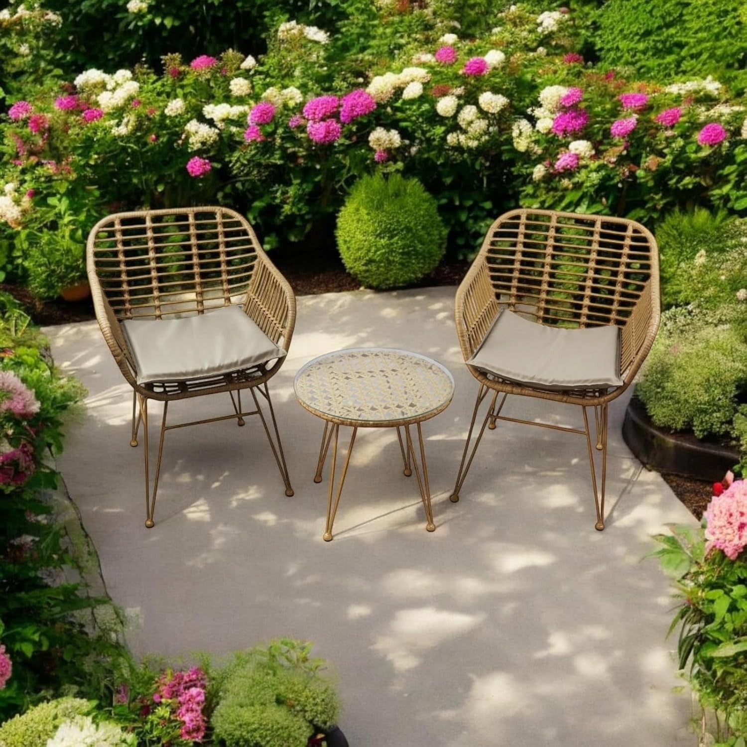 Rattan Garden Bistro Set 2 Chairs Glass Table Balcony Patio Outdoor Seating