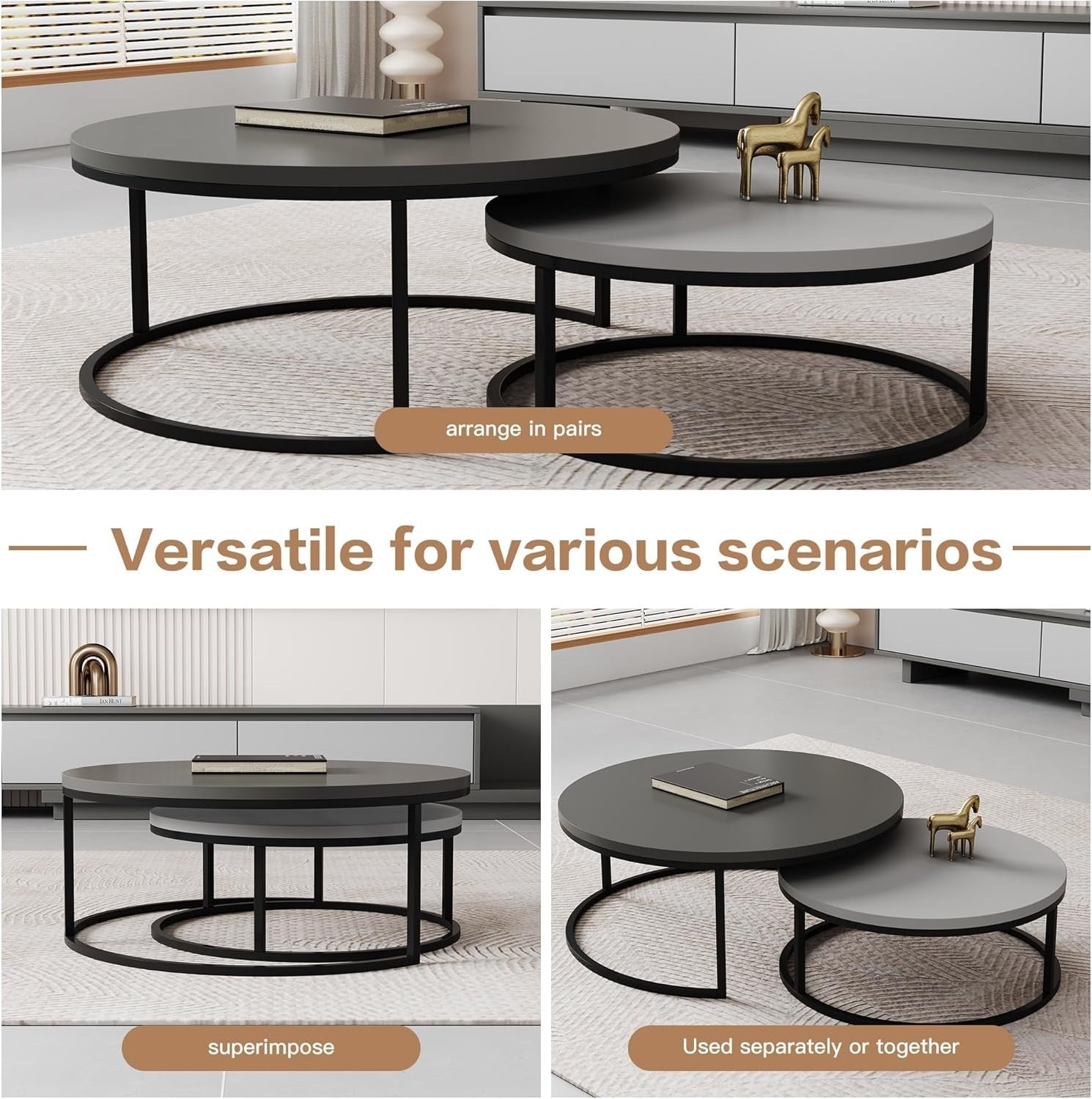 Round Nesting Coffee Table Set of 2 Dark/Light Grey Wood Top Metal Frame