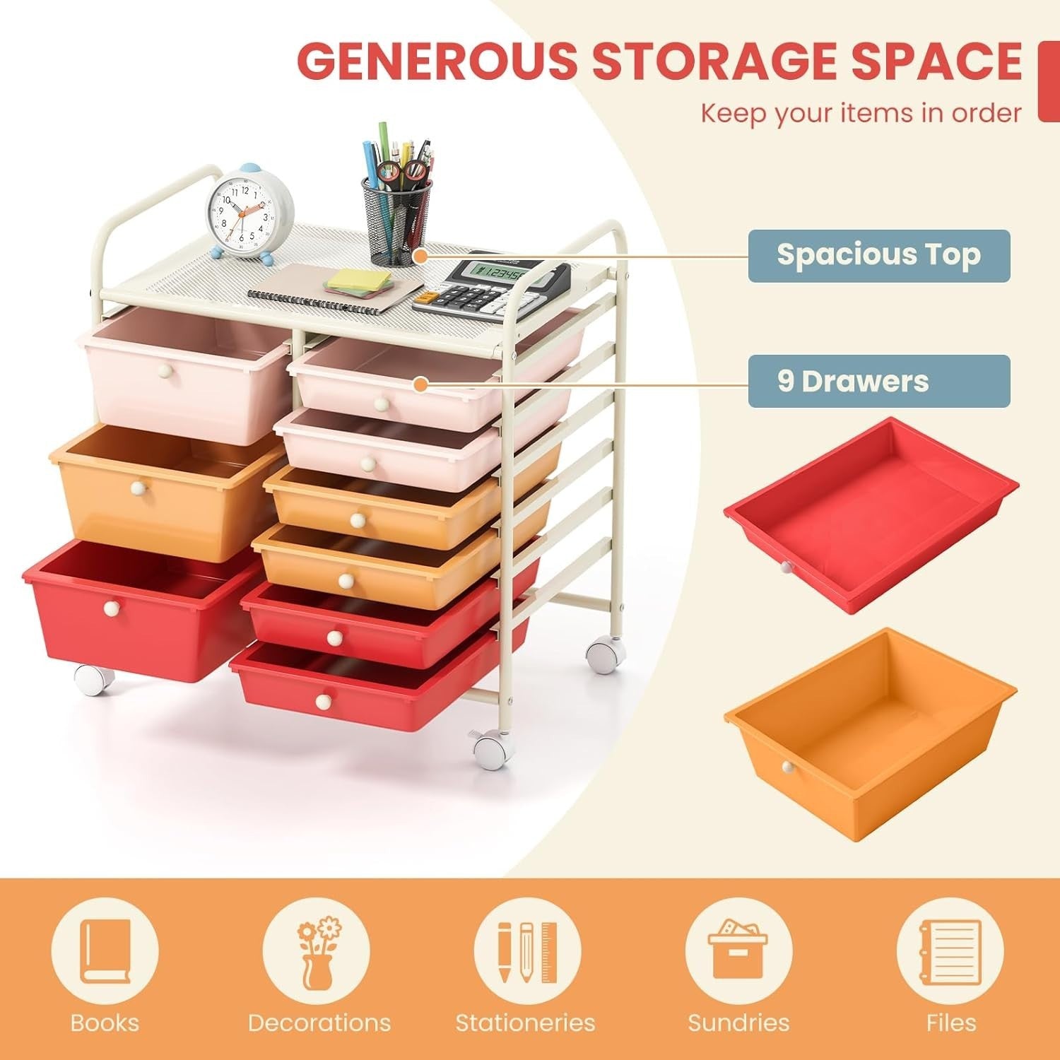 9 Drawer Rolling Storage Trolley Macaron Utility Cart Organizer Wheels