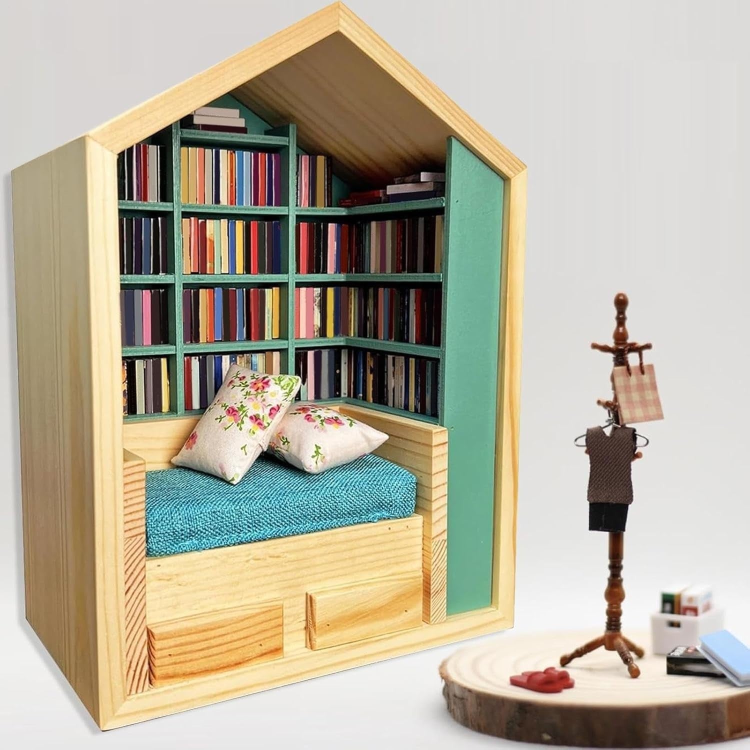 Mini Bookshelf Fidget Toy Wooden Tiny Library Stress Desk Decor