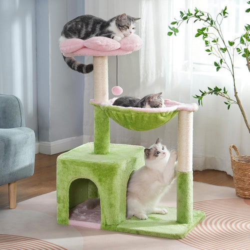Pink Green Flower Cat Tree Tower with Hammock Condo Sisal Scratching Post
