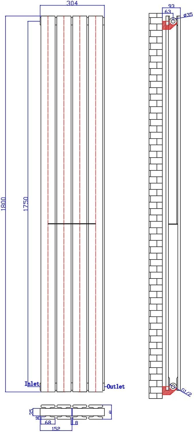 White Vertical Designer Radiator 1800x300mm Double Panel Central Heating