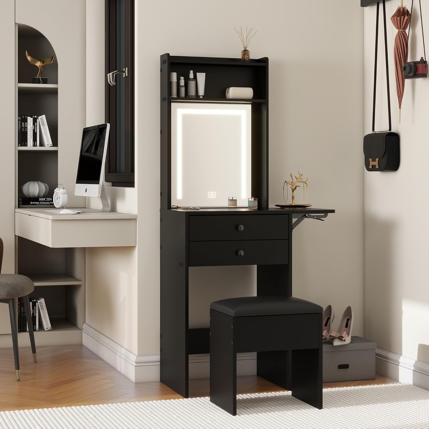Modern Vanity Makeup Dressing Table w/ LED Mirror Storage Expandable Black