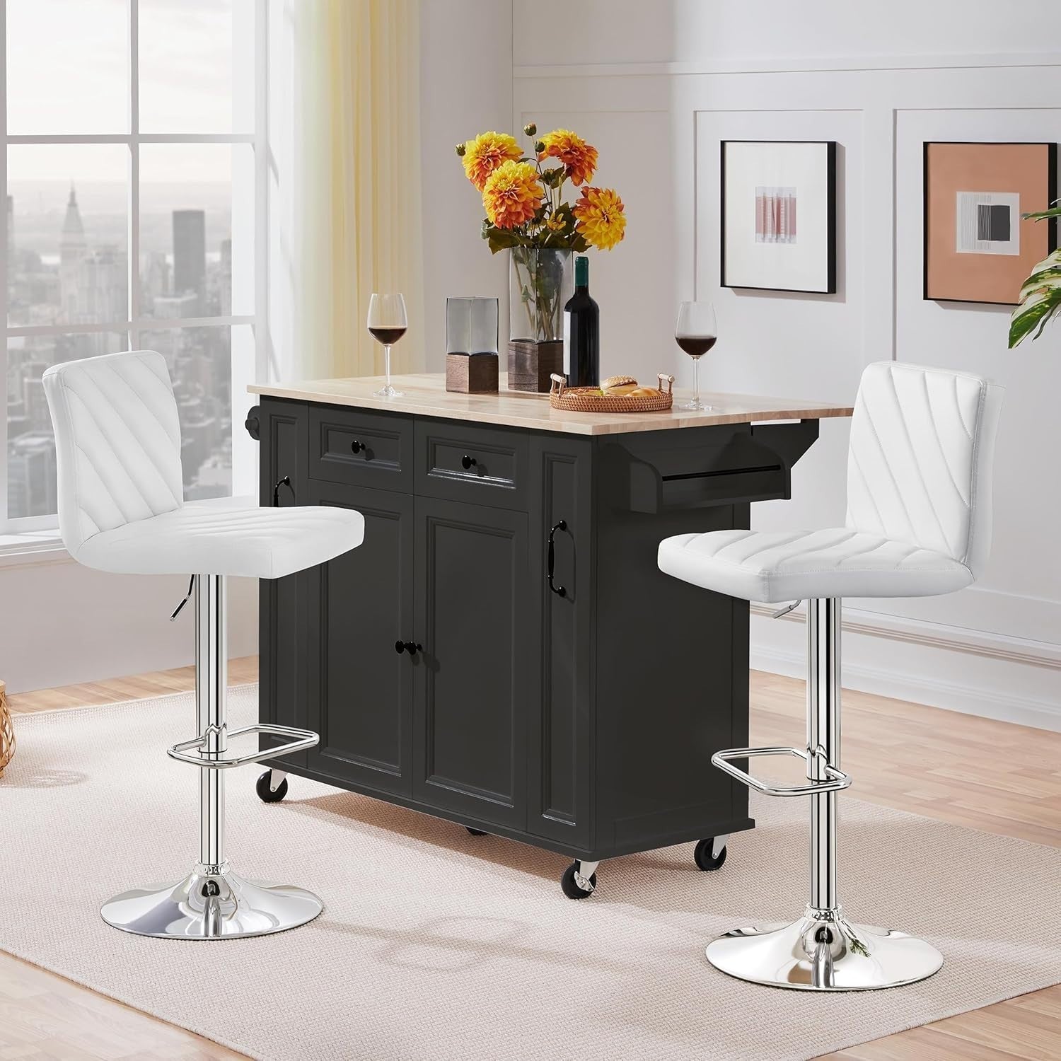 White Adjustable Swivel Bar Stools Set of 2 Faux Leather Chairs