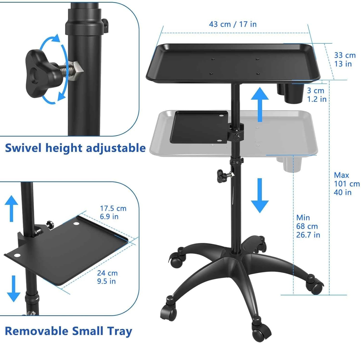 Salon Tray Cart Adjustable Height Rolling Tattoo Workstation with Storage