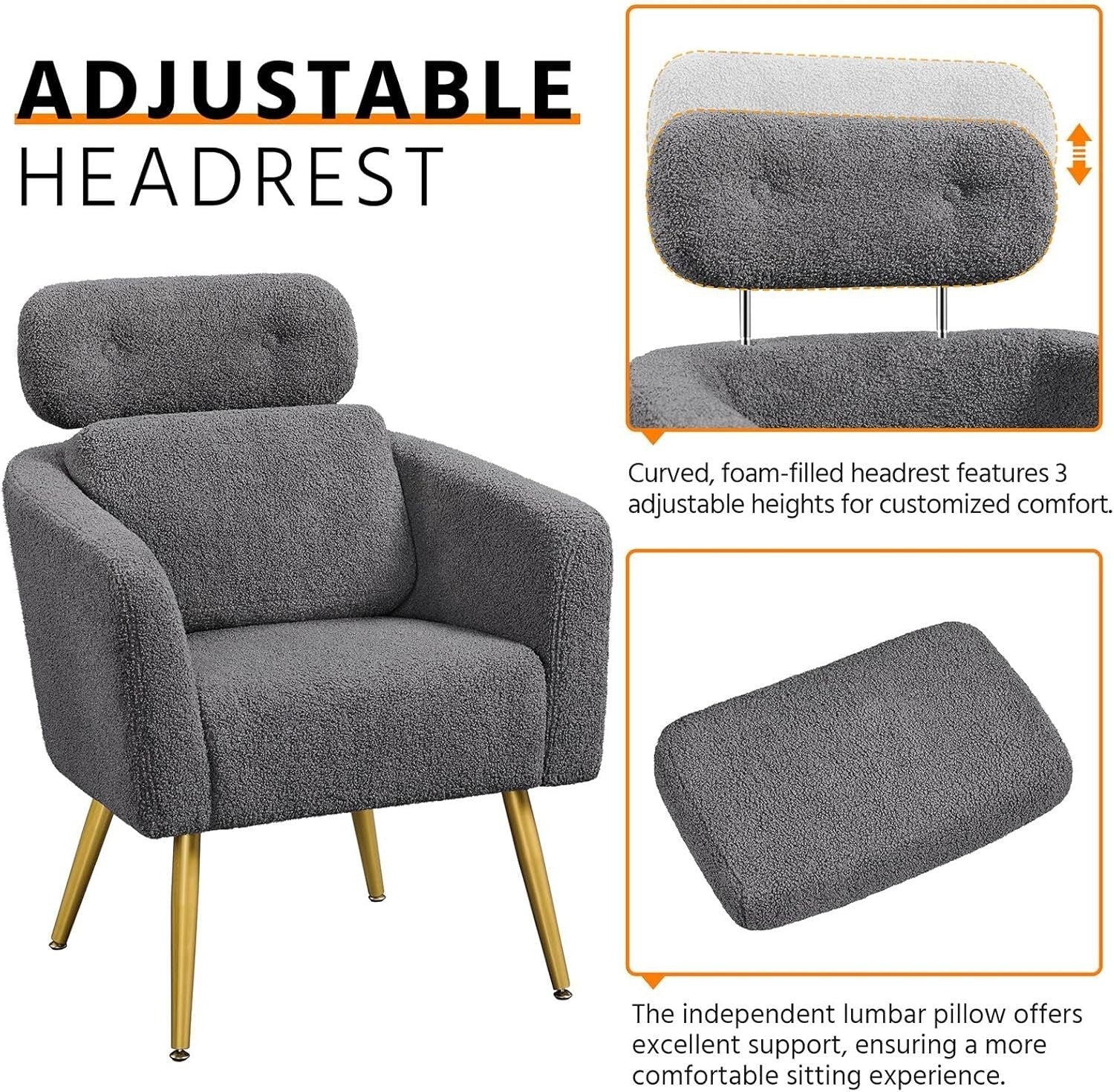2x Dark Grey Boucle Armchairs with Headrest & Lumbar for Lounge/Office