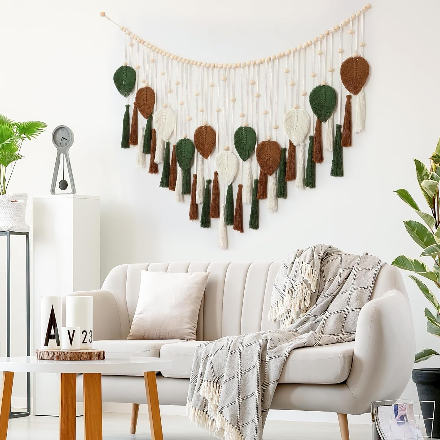 Large Brown Green Macrame Wall Hanging Leaf Tassel Boho Decor