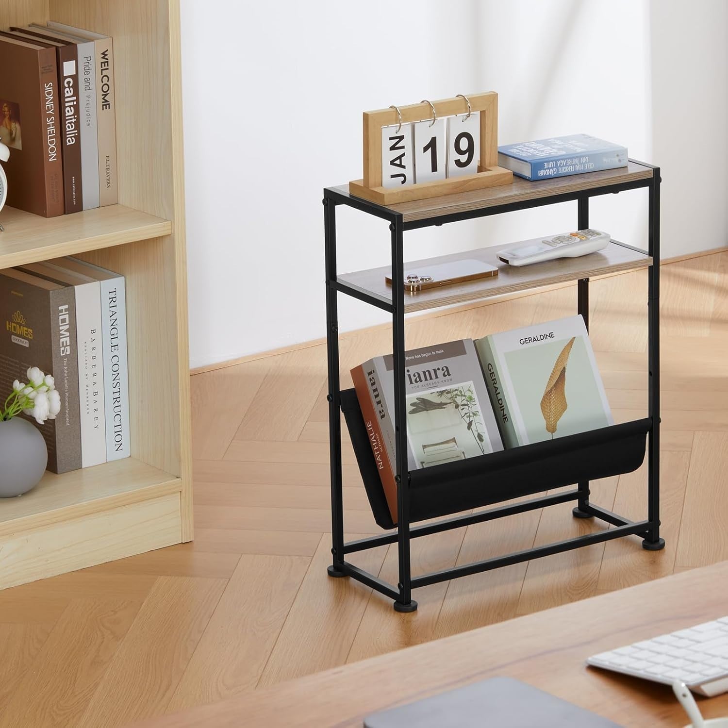 Slim Oak Side Table with Storage – Narrow Sofa End Table + Magazine Rack