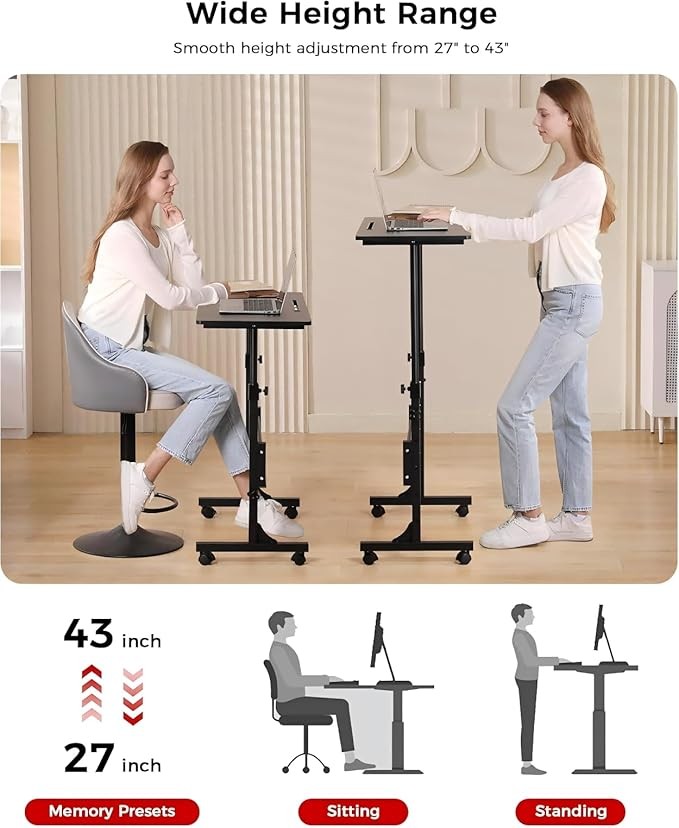 Adjustable Standing Desk Mobile Laptop Desk with Wheels 80x40cm Black