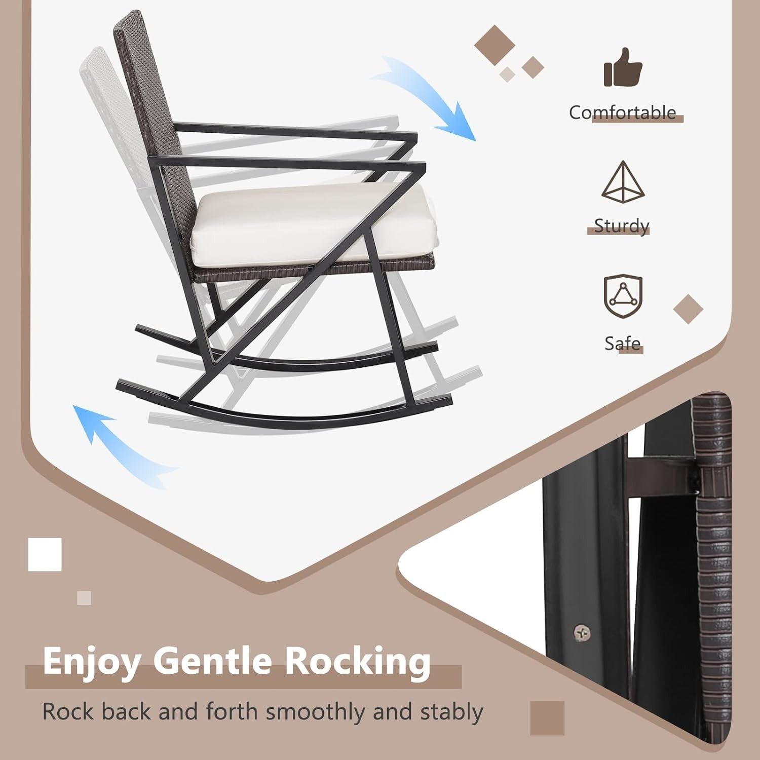 3-Piece Outdoor Patio Rattan Bistro Set Rocking Chairs with Cushions & Table