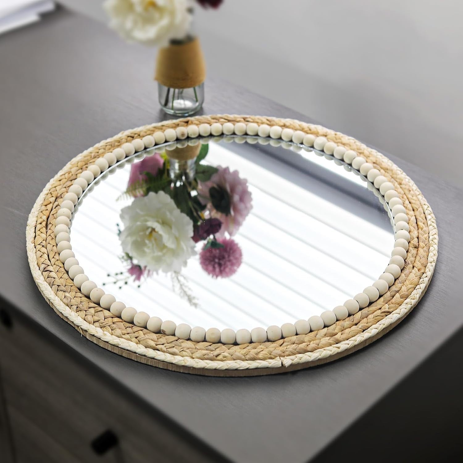 Boho Round Rattan Wall Mirror 45cm Hanging Farmhouse Decor