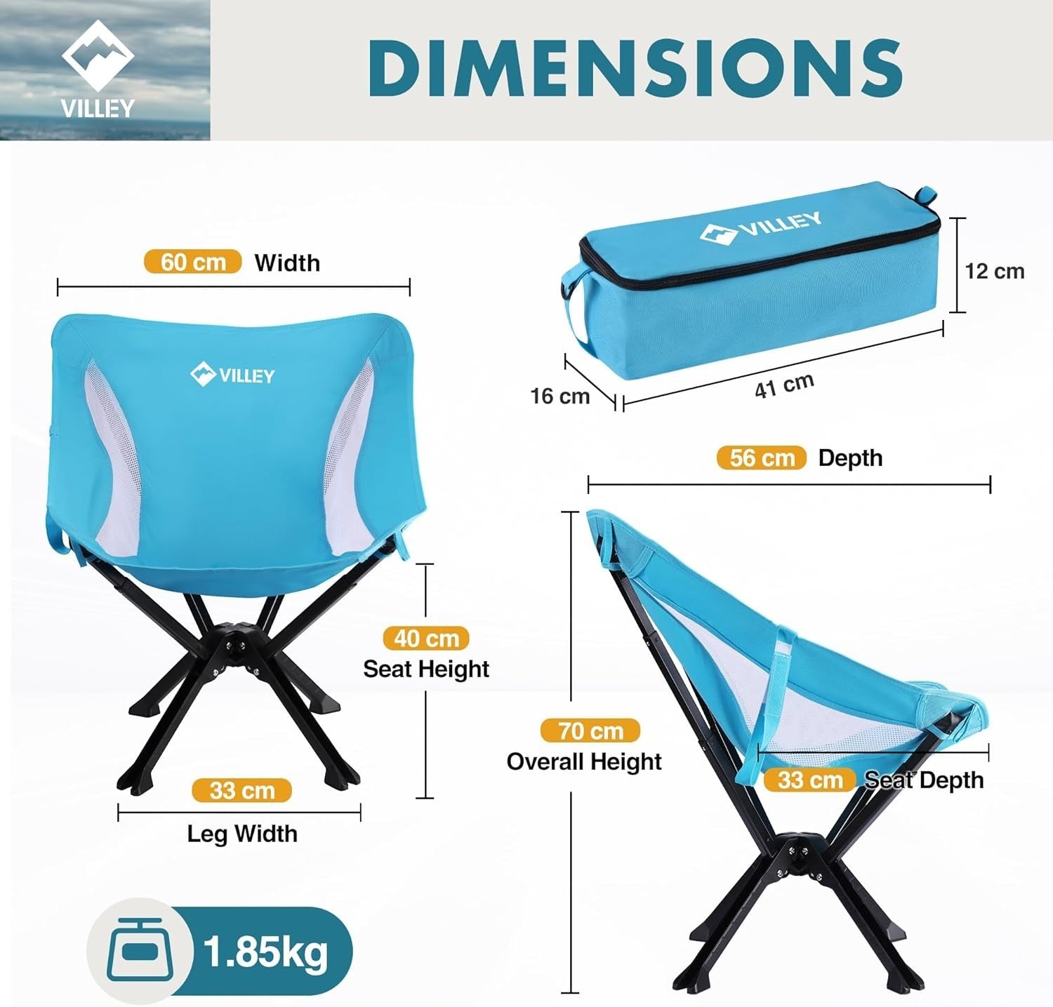 Lightweight Folding Camping Chair 150KG Compact Travel Seat w/ Bag Blue