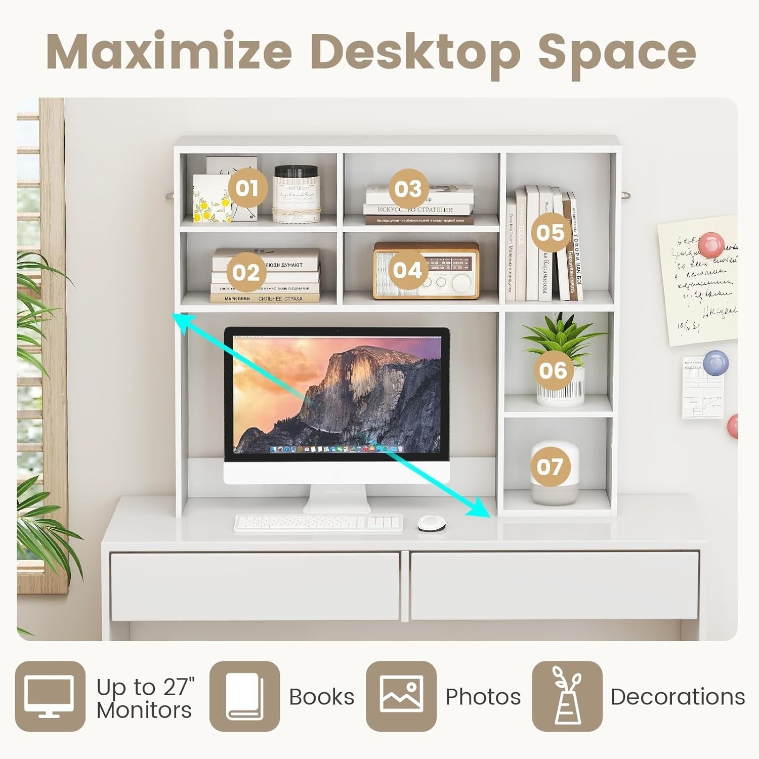 White Desktop Bookshelf 3-Shelf Adjustable Hutch Organizer Rack 94cm